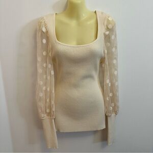 Ontwelfth Cream Ribbed Sweater with Polka Dot Embroidered Sheer Puffed Sleeves